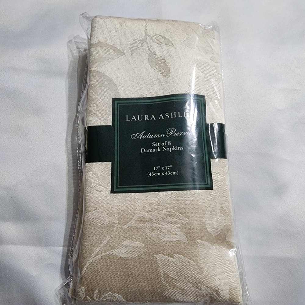 Laura Ashley Autumn Berries Damask Napkins Set of 8 Cream 17x17 New